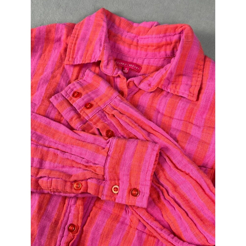Z Supply Womens Pink Orange Stripe Cotton Gauze Button Front Sz S Coastal Resort